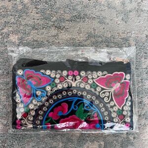 NWT | Black and Pink Embroidered Clutch